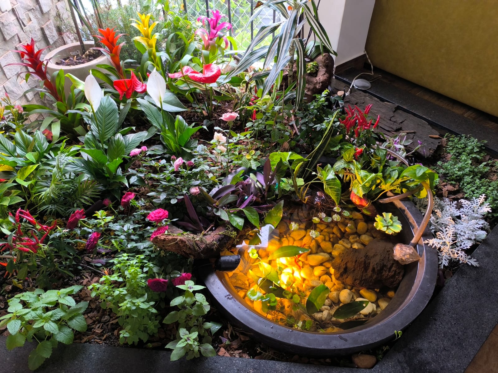Projeto realizado: jardim com flores e folhagens ao redor de um pequeno lago iluminado